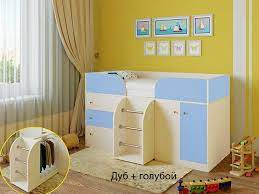 Кровать-чердак Малыш-4 Дуб молочный/Голубой в Бердске - berdsk.katalogmebeli.com | фото