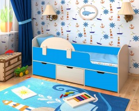 Кровать Малыш-мини с бортиком Дуб молочный/Голубой в Бердске - berdsk.katalogmebeli.com | фото 1