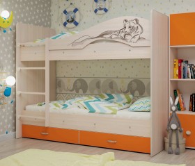 Кровать Мая-Сафари двухъярусная с ящикамиМлечный дуб/Оранжевый в Бердске - berdsk.katalogmebeli.com | фото