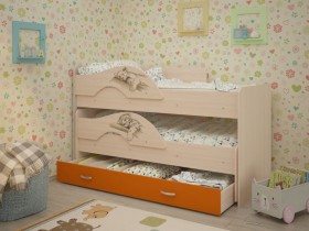 Кровать выкатная Радуга-Сафари детская 1600 Млечный дуб/Оранжевый в Бердске - berdsk.katalogmebeli.com | фото