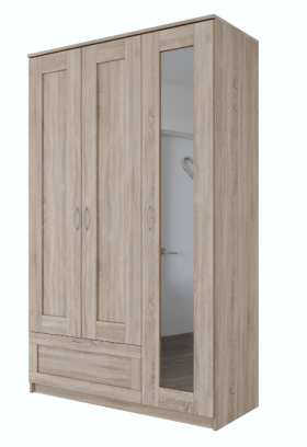 Шкаф трехдверный Сириус с зеркалом и 1 ящиком дуб сонома в Бердске - berdsk.katalogmebeli.com | фото